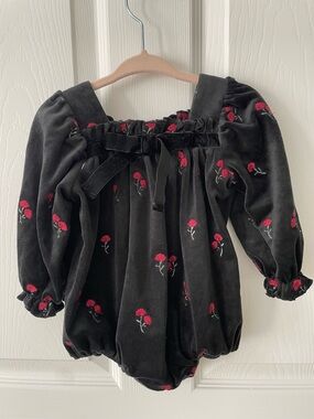 Velvet Baby Romper with Red Rose Embroidery
